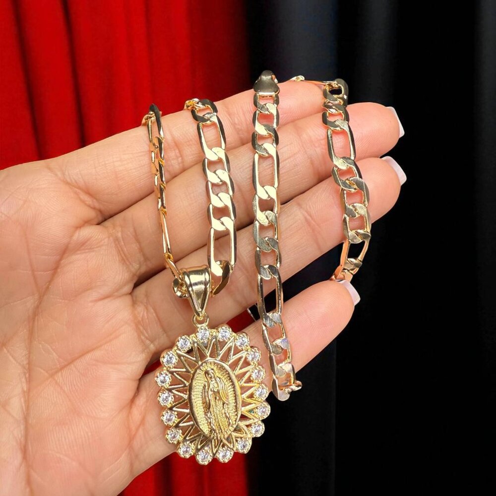 14K GP Virgin of Guadalupe Pendant Cubic Zirconia Figaro Link Chain 18 Inch 4mm